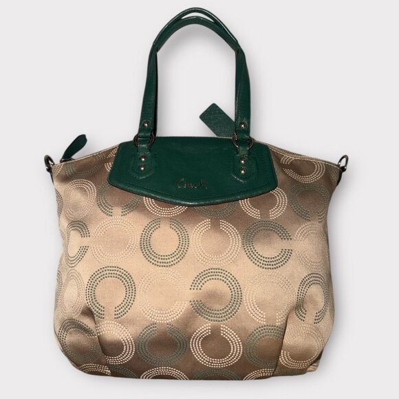 Coach Ashley Dotted OP Art North South Satchel F25183 Beige Sateen Green Leather - Picture 5 of 11